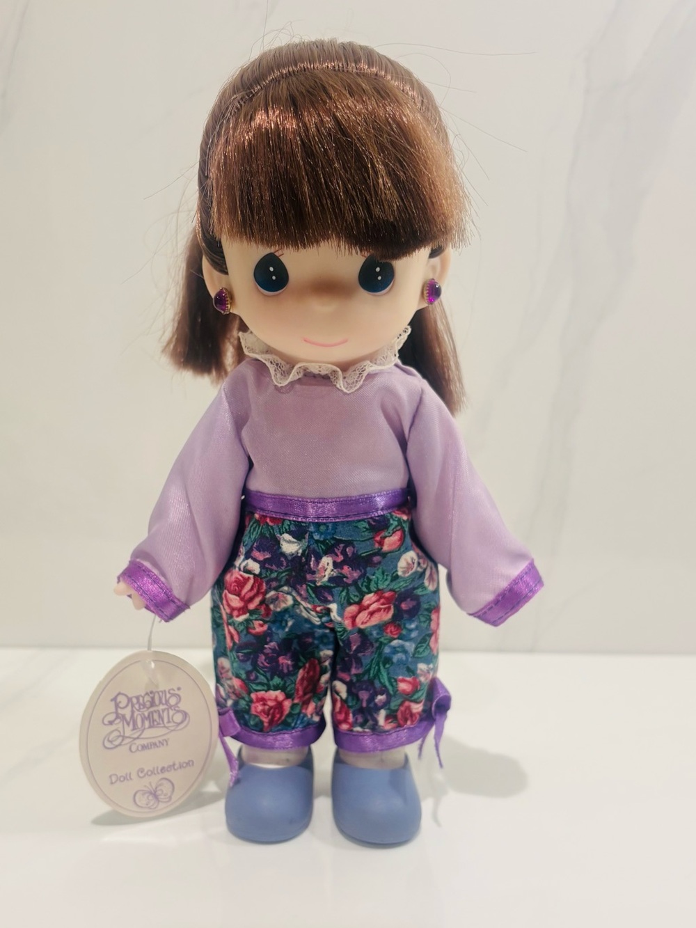 Precious Moments Purple Top Floral Pants Doll with Blue Shoes